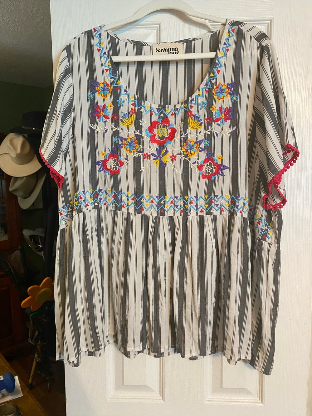Savanna Jane White and Black Striped Embroidered Peplum Tunic
